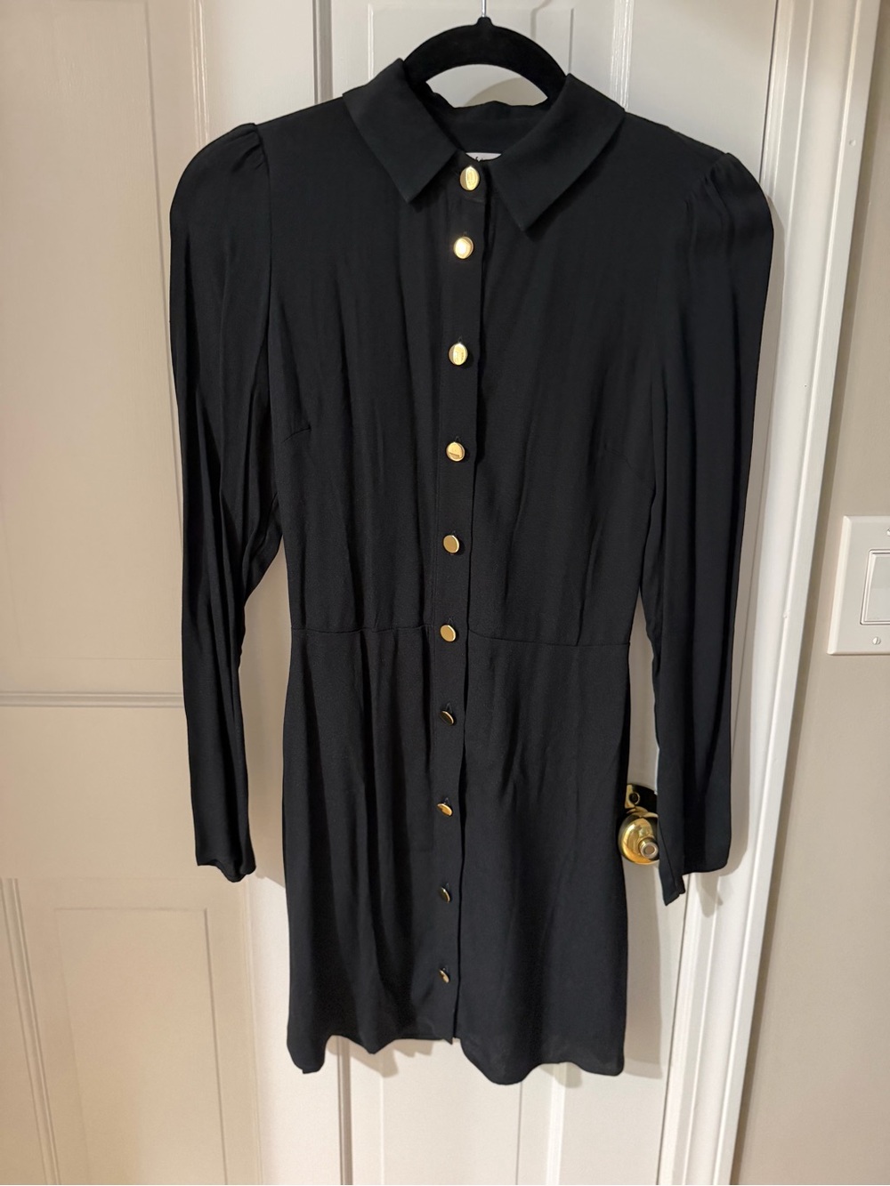 Reformation Black Long-Sleeve Button-Front Dress with Gold Buttons
